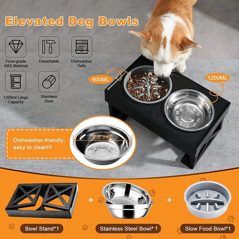 Elevated Dog Bowls 3 Adjustable Height, with Slow Feeder Bowl