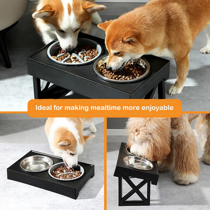 Elevated Dog Bowls 3 Adjustable Height, with Slow Feeder Bowl