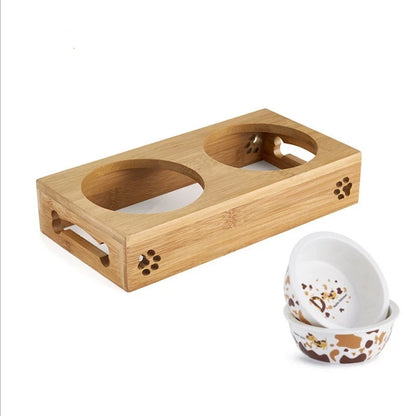 Dog and Cat Bowl Bamboo Wooden Table