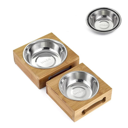 Dog and Cat Bowl Bamboo Wooden Table