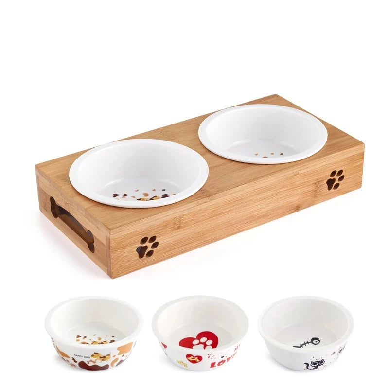 Dog and Cat Bowl Bamboo Wooden Table
