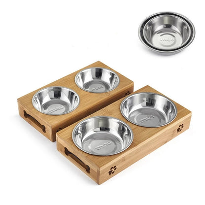 Dog and Cat Bowl Bamboo Wooden Table